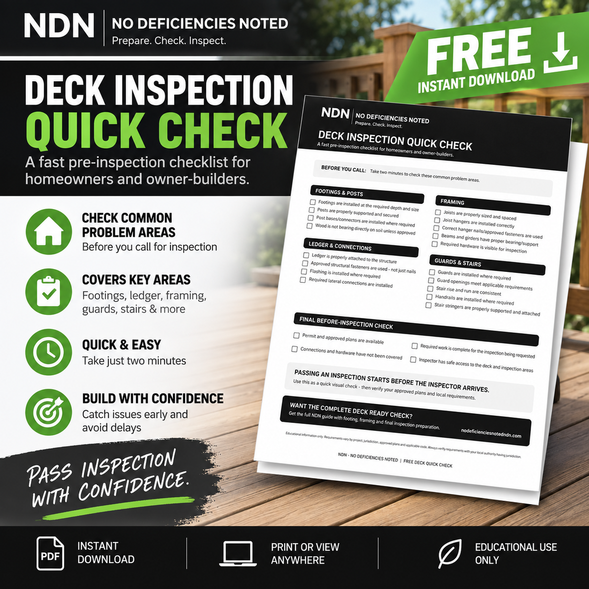 FREE Deck Inspection Quick Check | NDN – No Deficiencies Noted